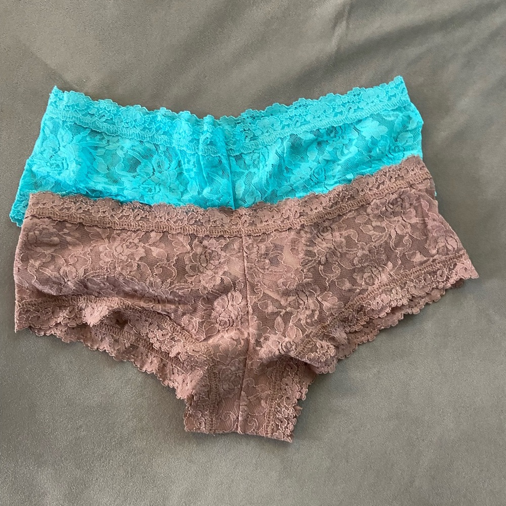 NEW Hanky Panky set of 2  Lace Boyshorts - Tan and Blue
